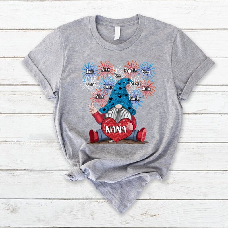 Personalized Grandma Nana Shirt Gnomes Firework Happy Independence Day T-Shirt, Nana Gnomes Tee for 4th of July up to 20 kids