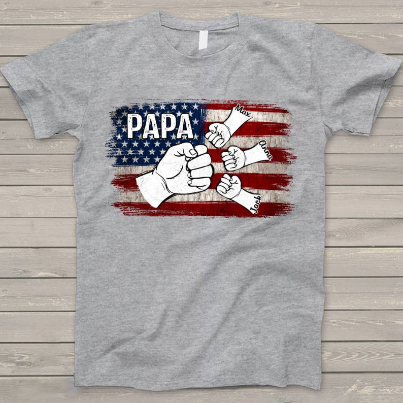 Personalized Papa Shirt, American Flag Grandkids Hands T-Shirt