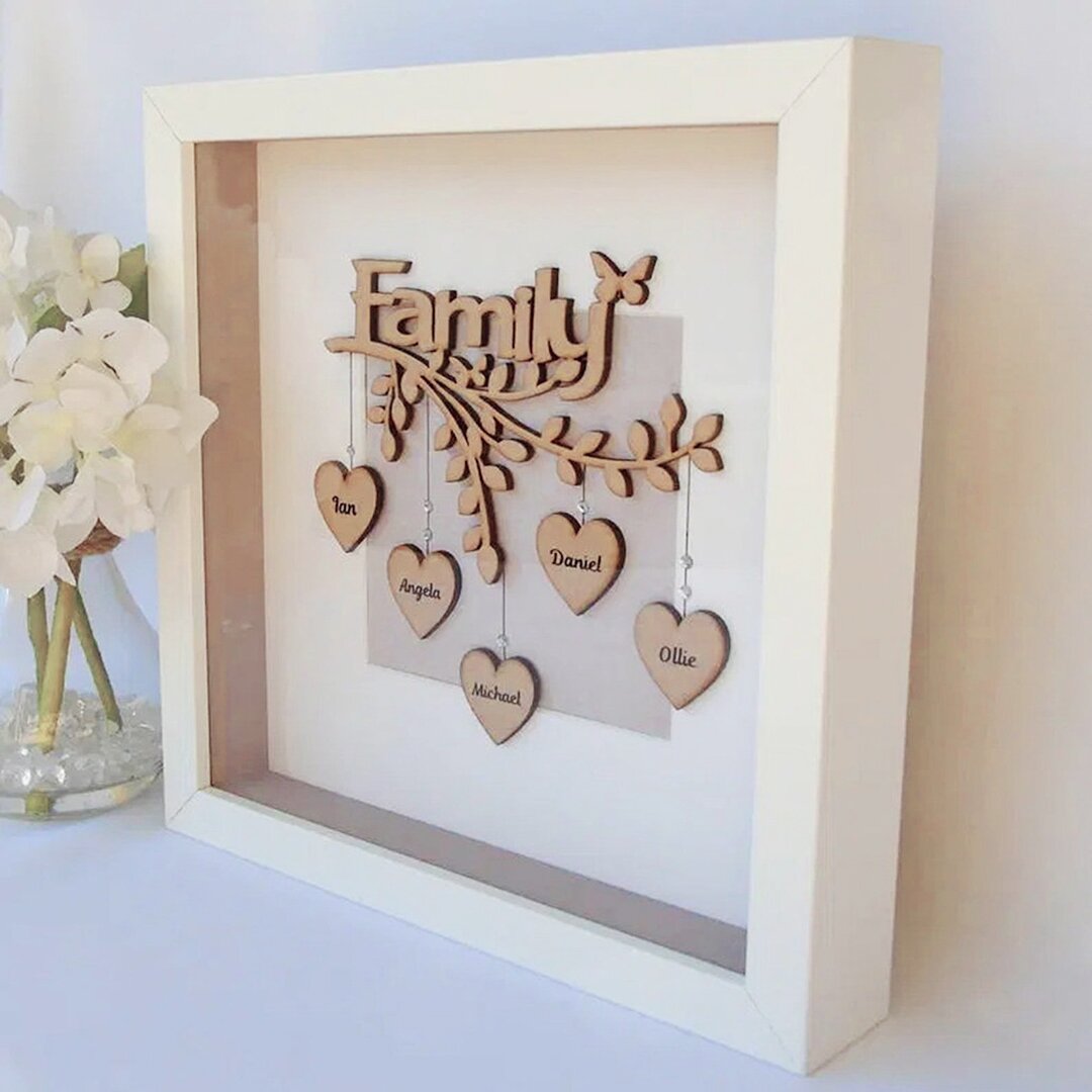 2 Names Personalised Family Tree Wood Frame Engraved on the "Hearts"