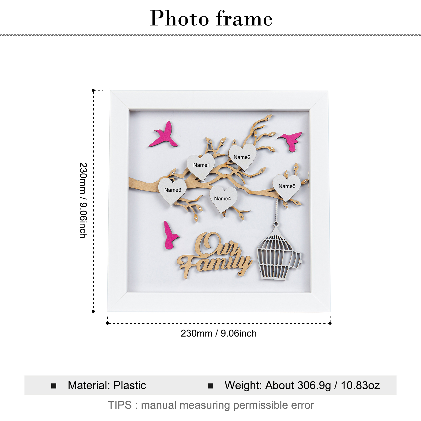 Personalized Family Tree Wood Frame with 5 Names Engraved on the "Heart", Our Family Tree LED Light Picture Frame