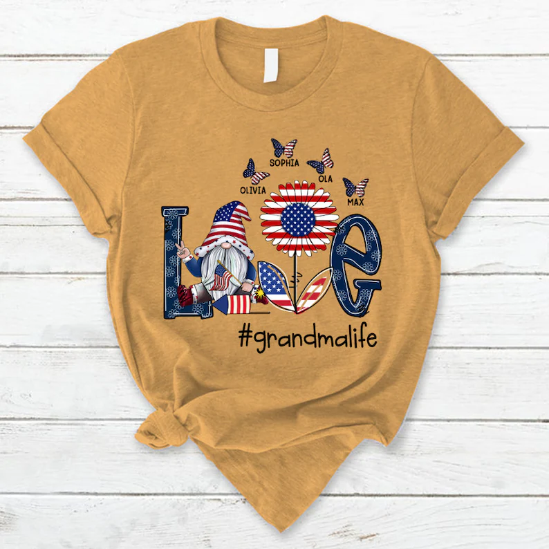 Personalized Grandma Shirt, Custom Love Grandma Life Gnomes with Kid names, Grandma 4th of july Shirt Gnomes Version Tshirt, USA Gnomes Tee