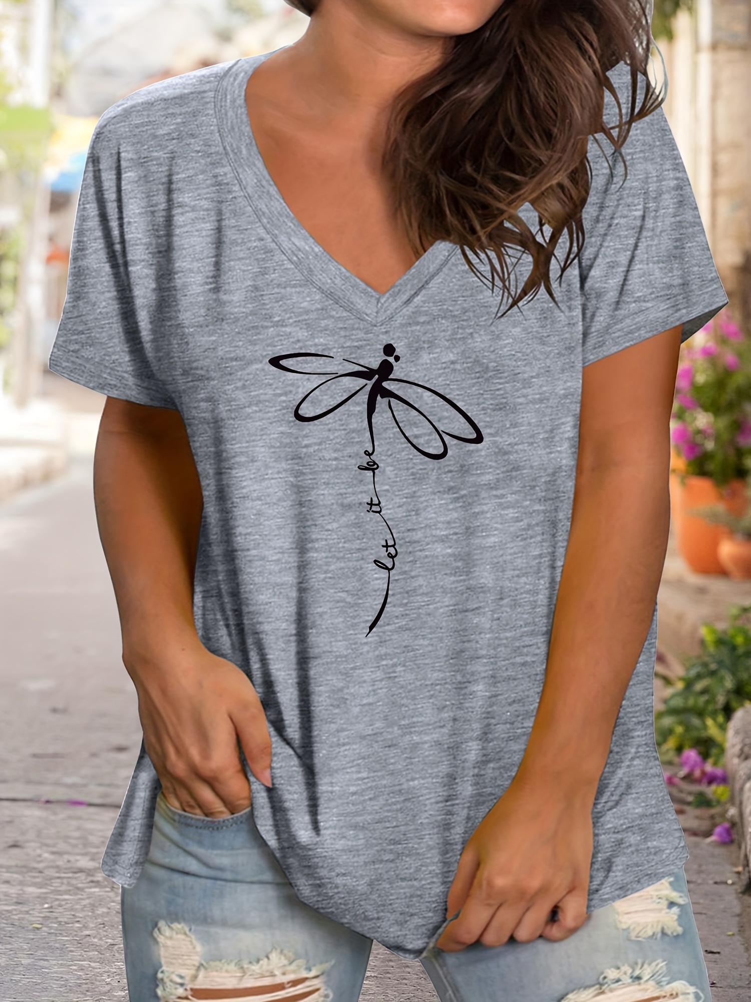 Plus Size Casual T-shirt, Women's Plus Graphic Print Short Sleeve V Neck Slight Stretch T-shirt