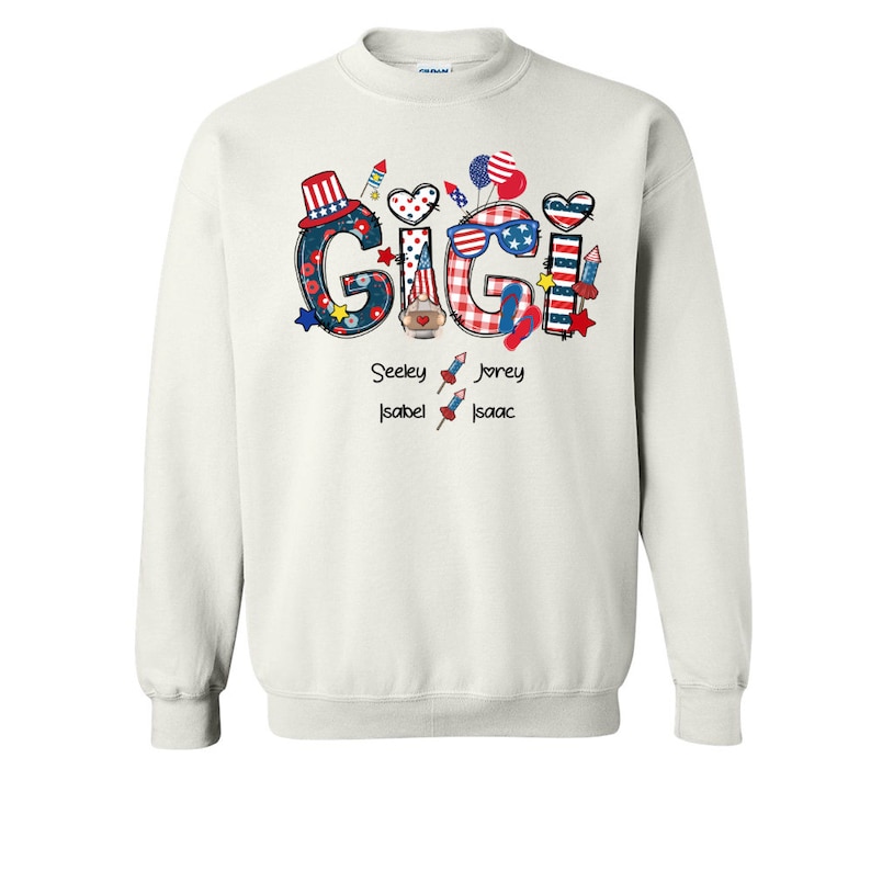 Personalized Gigi Shirt, Custom Gigi Sweatshirt with grandchild names, USA Gigi 4th of july Shirt Patriotic Doodles Pattern Version Tshirt