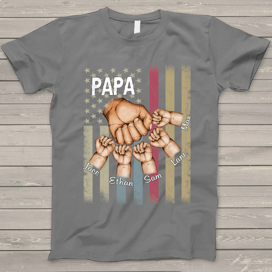 Personalized Papa Grandkids Hands Flag T-Shirt