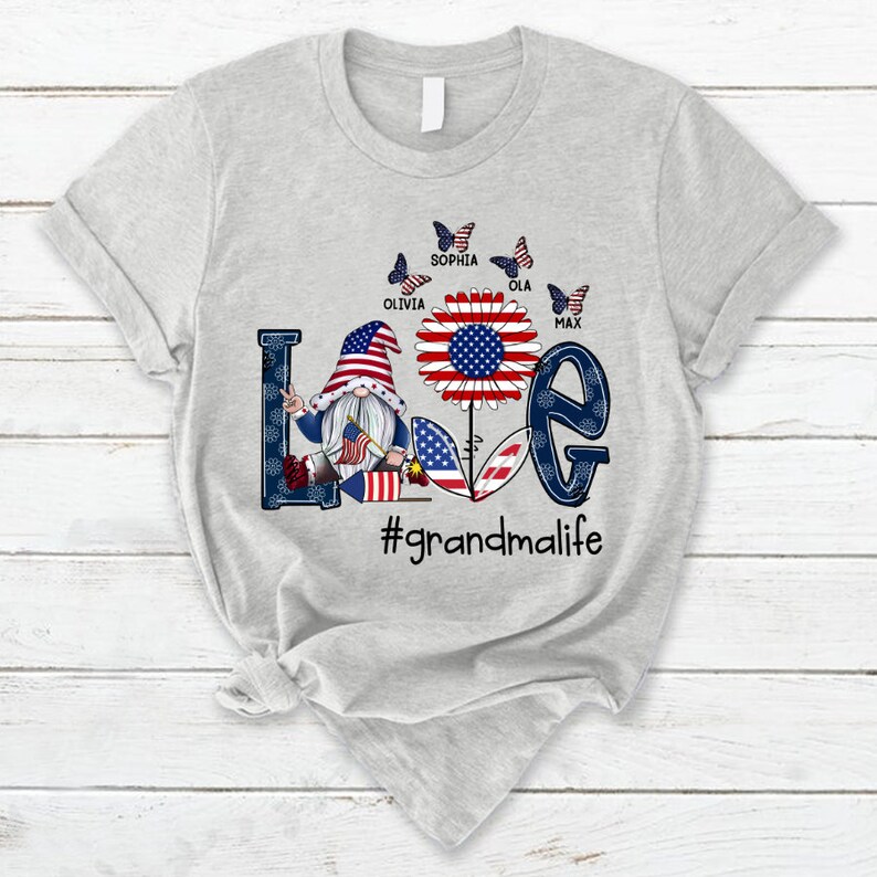 Personalized Grandma Shirt, Custom Love Grandma Life Gnomes with Kid names, Grandma 4th of july Shirt Gnomes Version Tshirt, USA Gnomes Tee