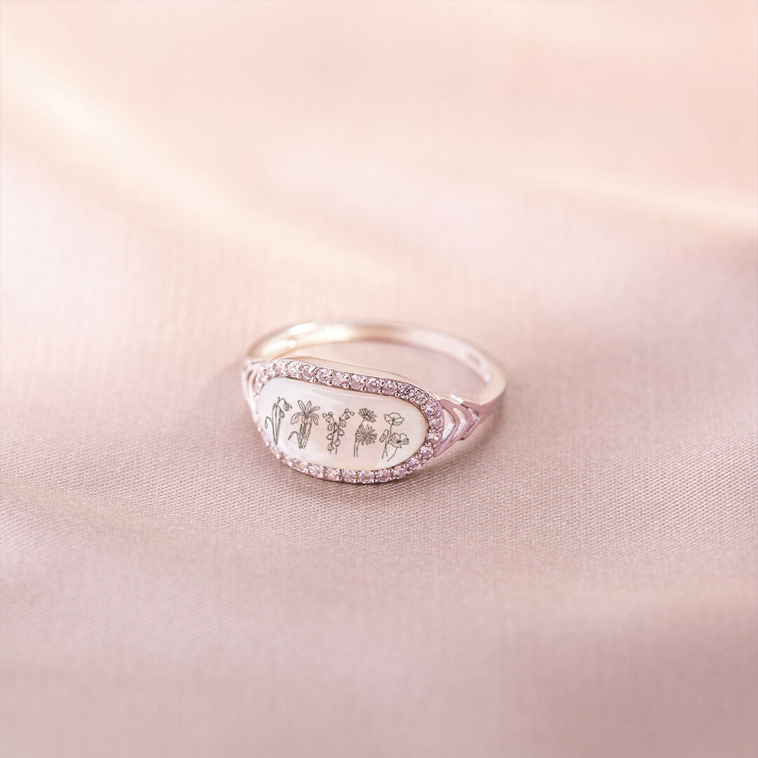 S925 ENGRAVED BIRTH MONTH FLOWERS SHELL RING