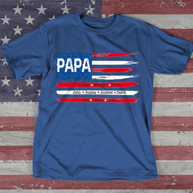 Personalized Papa Shirt Flag with grandkids, Happy Father's Day T-Shirt
