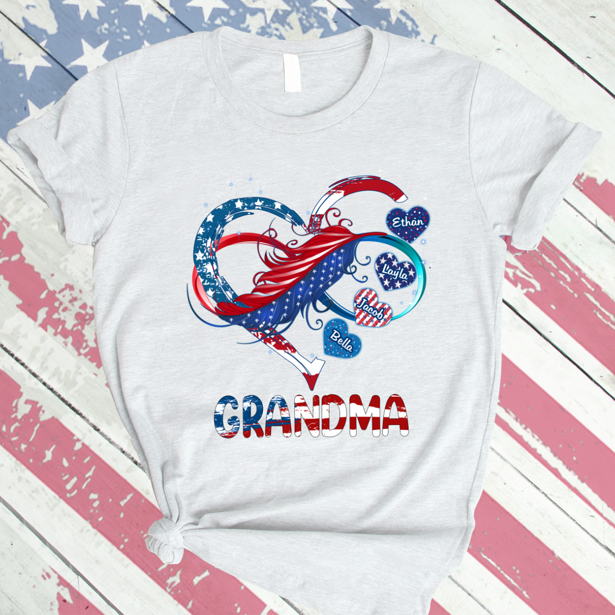 Grandma And Grandkids Hearts American Flag T-Shirt