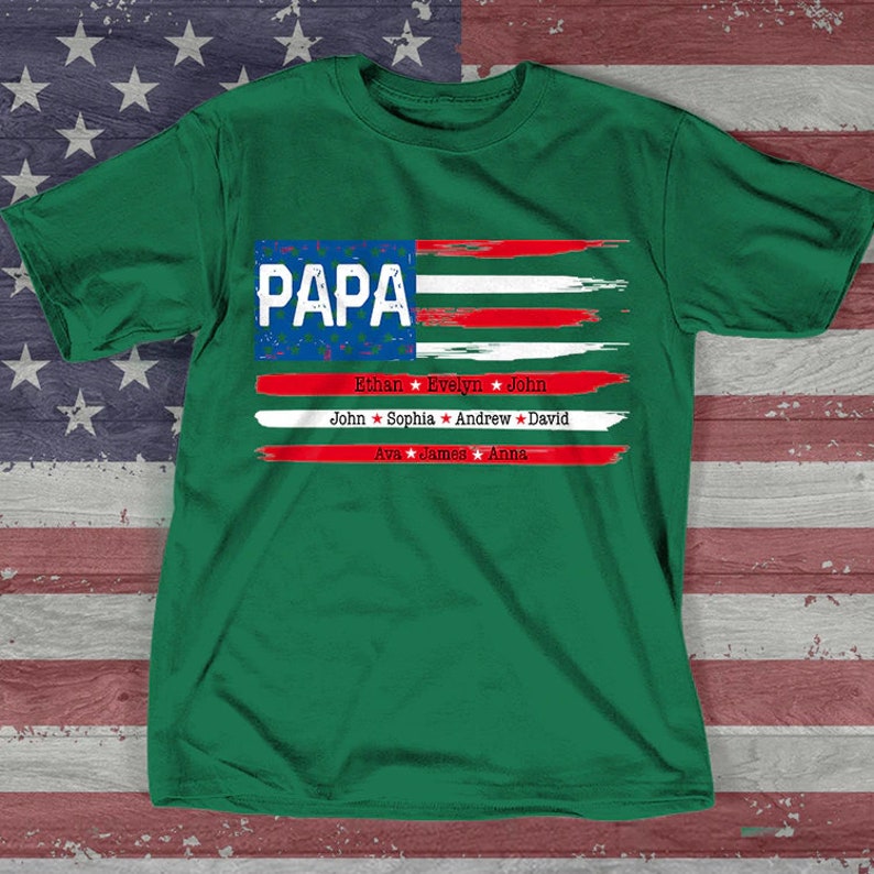 Personalized Papa Shirt Flag with grandkids, Happy Father's Day T-Shirt