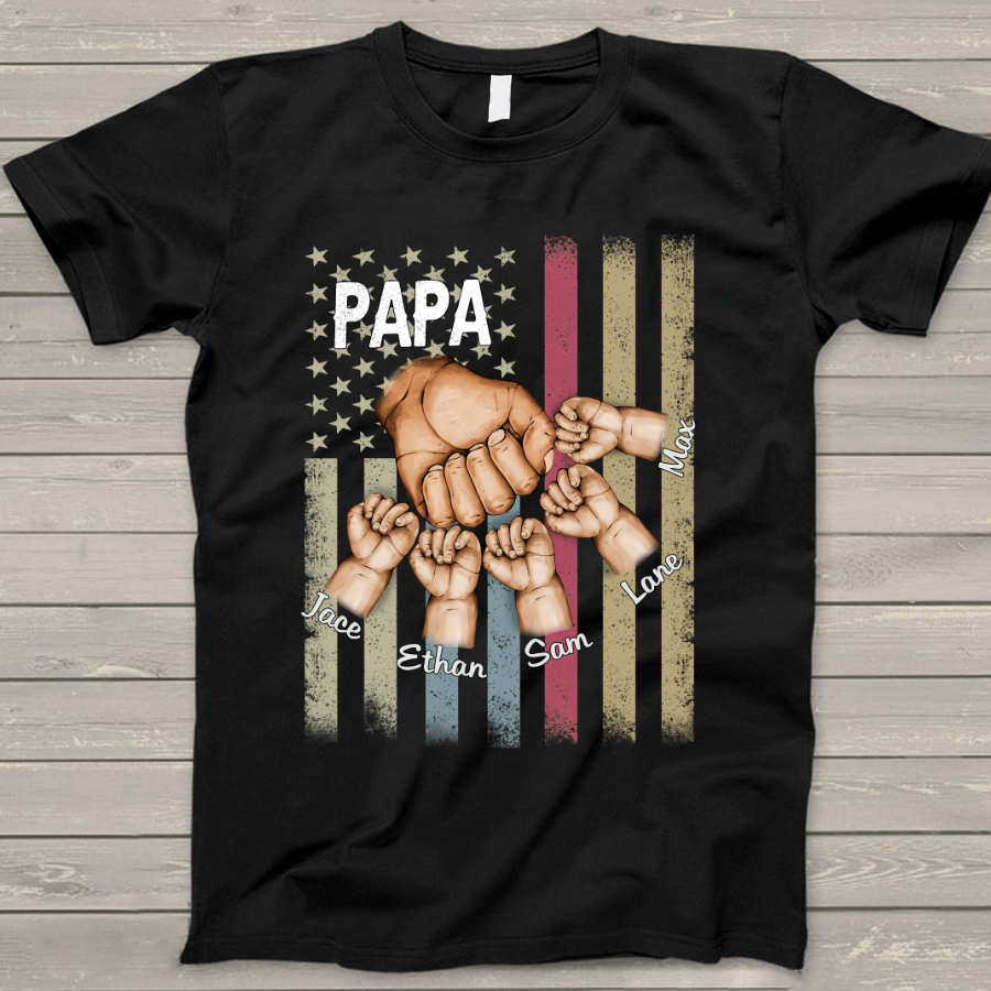 Personalized Papa Grandkids Hands Flag T-Shirt