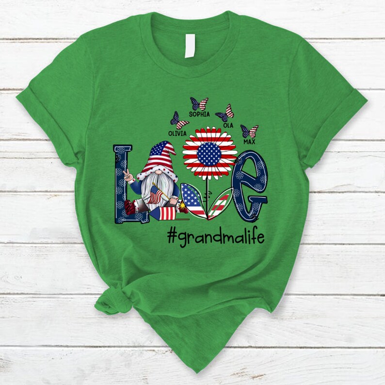 Personalized Grandma Shirt, Custom Love Grandma Life Gnomes with Kid names, Grandma 4th of july Shirt Gnomes Version Tshirt, USA Gnomes Tee