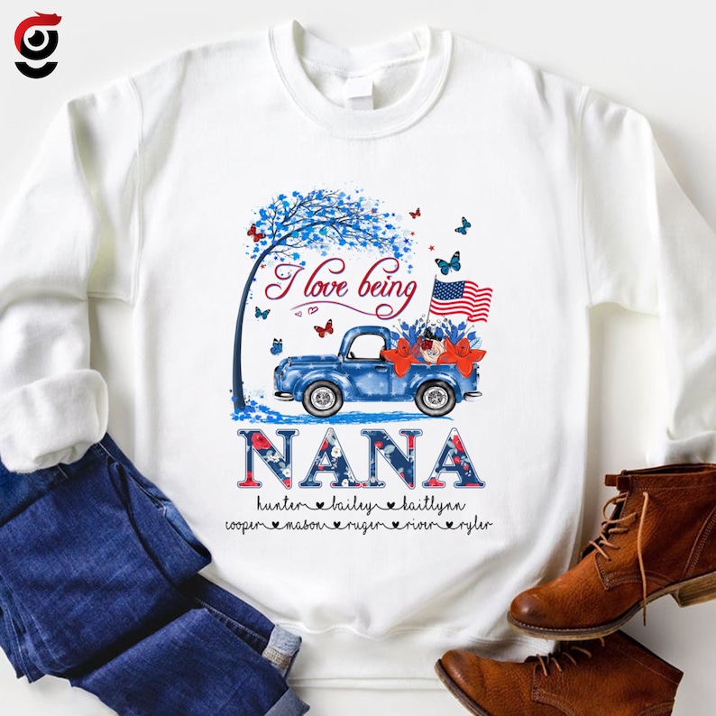 Personalized Grandma Sweatshirt USA Flag Flower, Custom names Grandma Truck Sweatshirt, Mimi Nana Sweatshirt, Blue Truck Custom Kiname Shirt