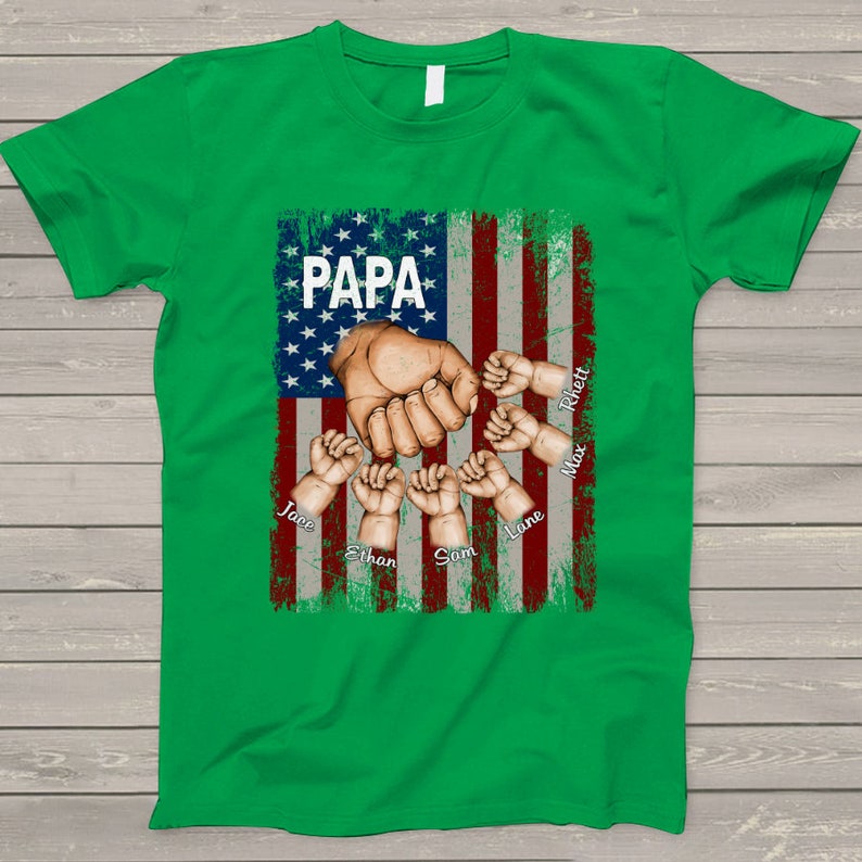 Personalized Papa Grandpa Shirt with Grandkids name Hands Flag T-Shirt