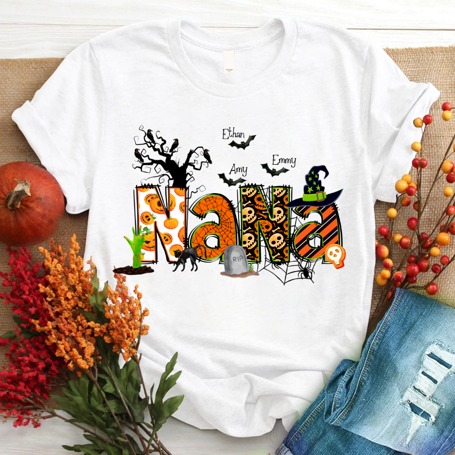 Nana Grandma Bundle Halloween Alphabet Doodle Grandkids T-Shirt