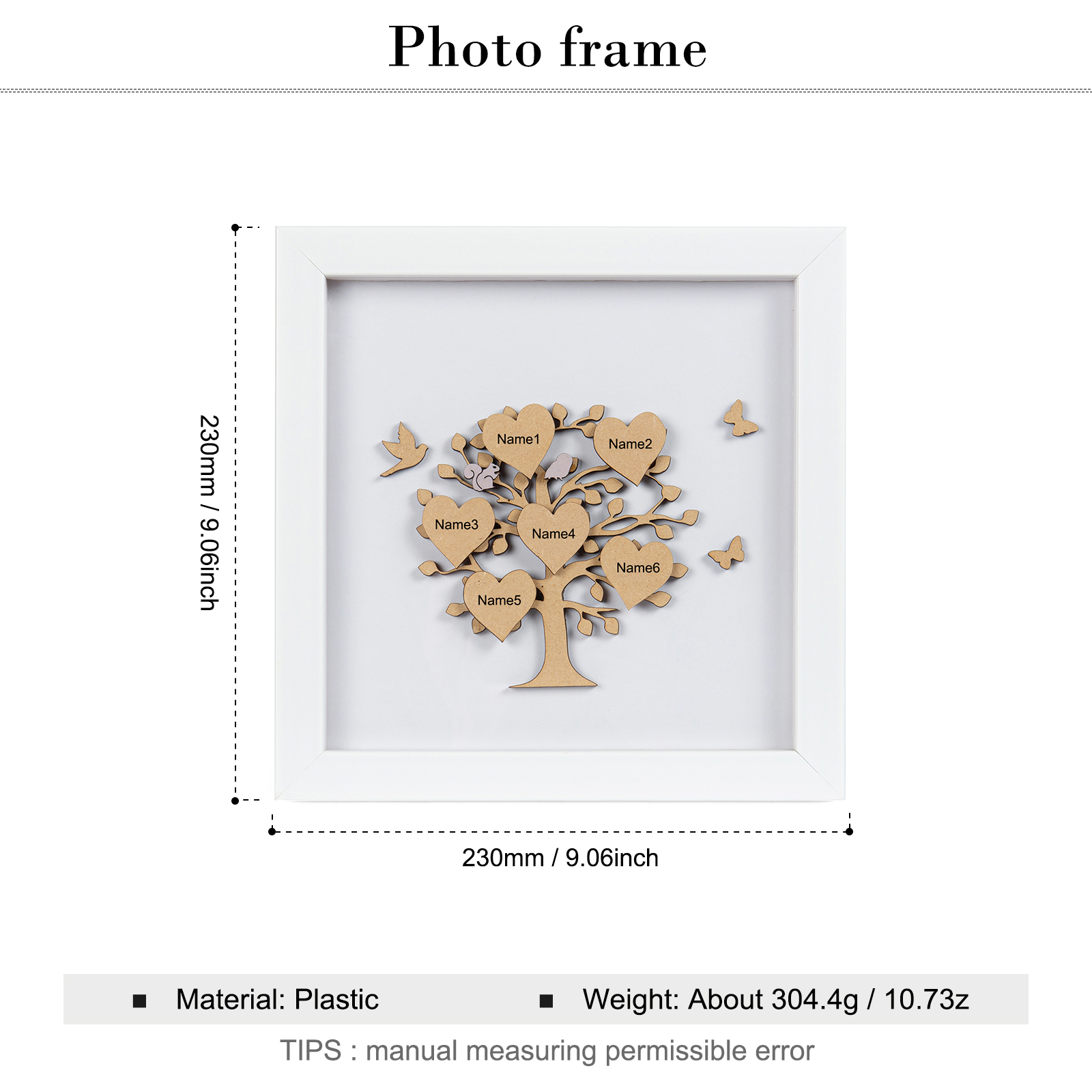 Personalized Family Tree Wood Frame with 6 Names Engraved on the "Heart", Family Tree LED Light Picture Frame
