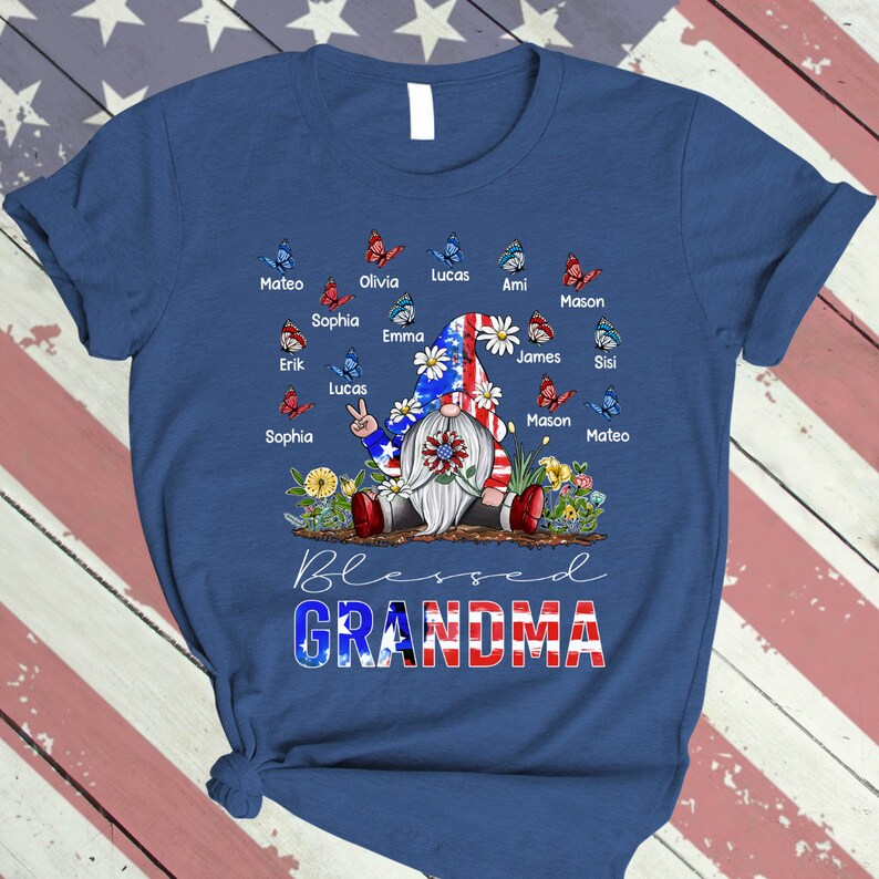 Personalized Grandma shirt, Gnome Nana Shirt 4th of July Shirt for Grandma Blessed Grandma With Grandkids Butterfly Falg Independence TShirt