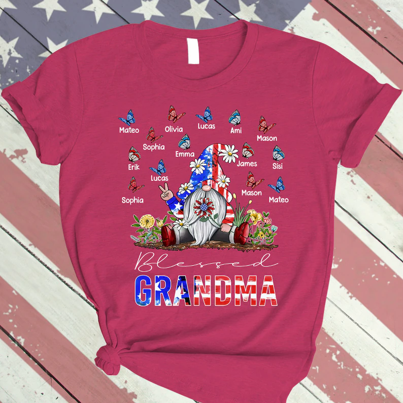 Personalized Grandma shirt, Gnome Nana Shirt 4th of July Shirt for Grandma Blessed Grandma With Grandkids Butterfly Falg Independence TShirt