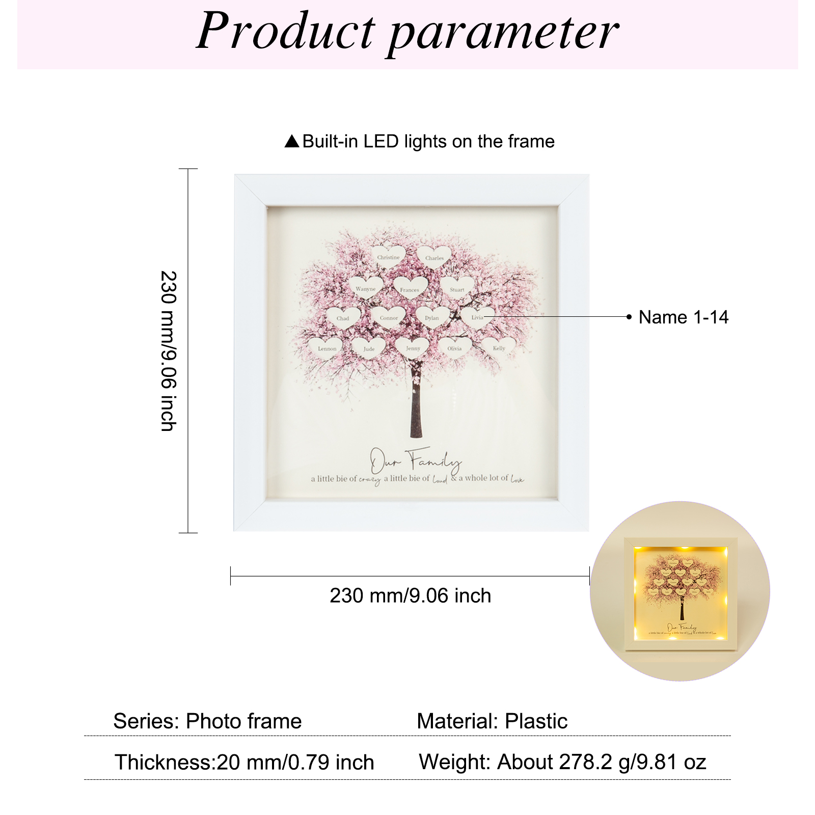 Custom 14 Names Family Tree Frame, Family Tree LED Ligh Picture Frame, Best Gift for Family