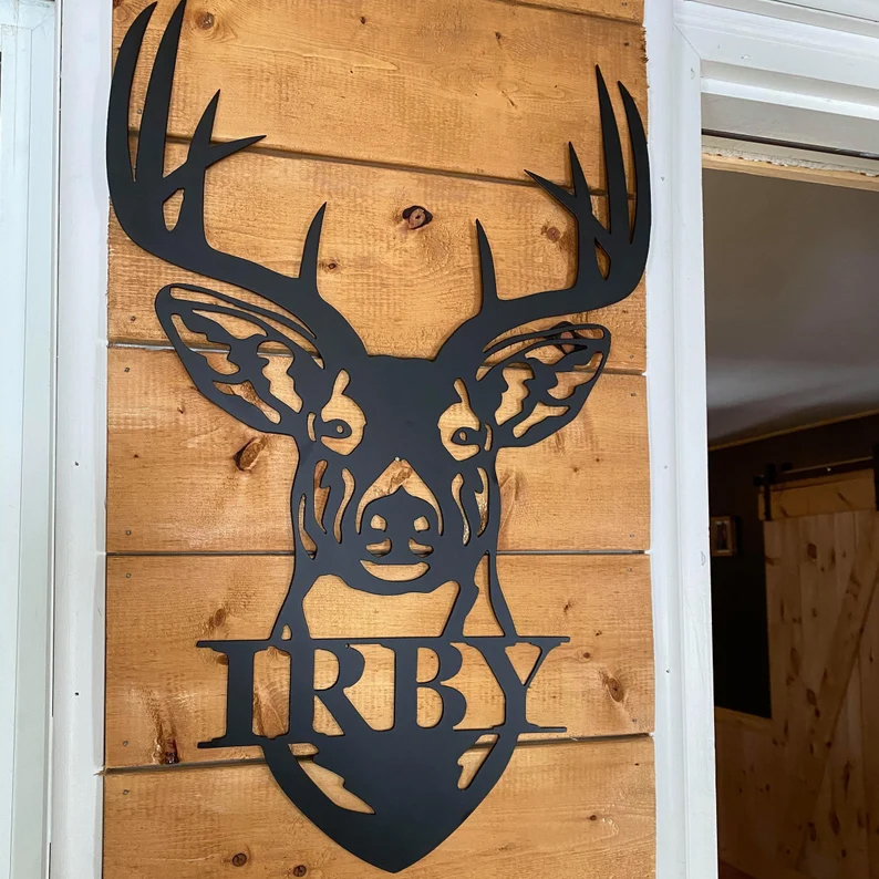 Family Gift Personalized Name Deer Antler Metal Sign Decor