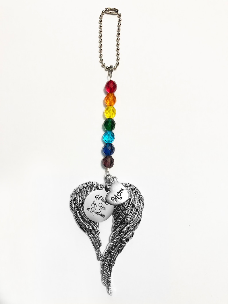 Custom "I'll Look for You in Rainbows" Angel Wing & Family Member Charms with Rainbow Czech Glass Beads Car Charm Sympathy Gift Sun Catcher