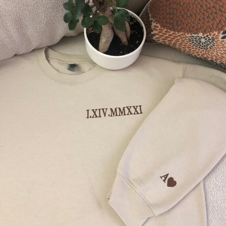 Custom Embroidered Roman Numeral Date Couple's Crewneck