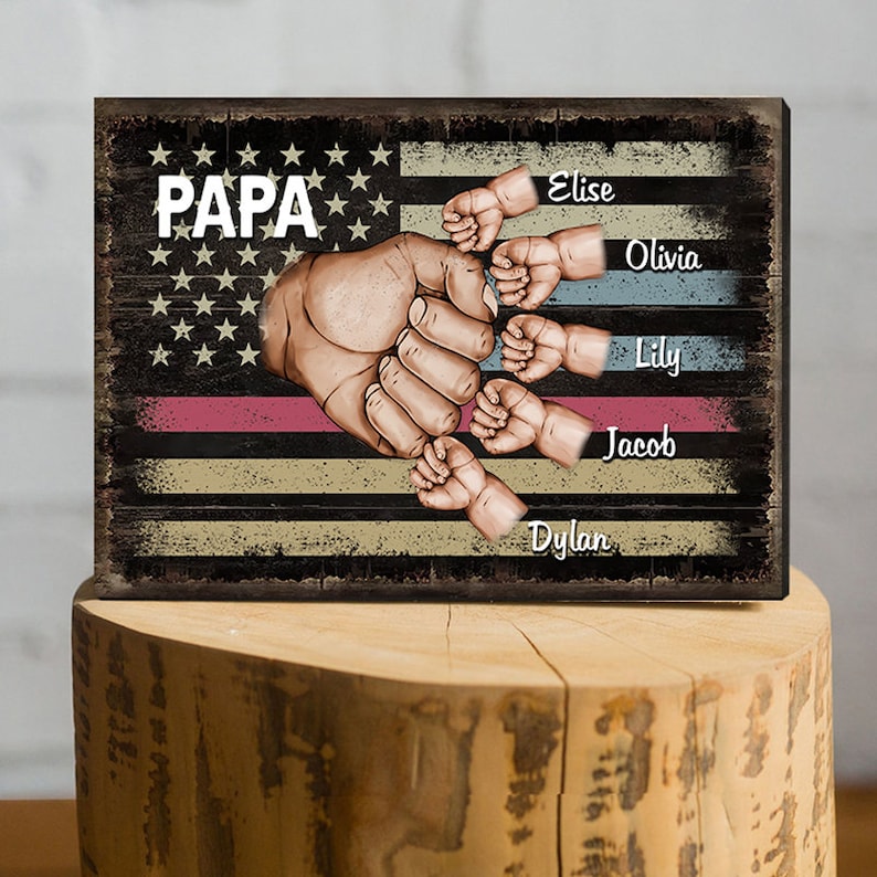 Personalized Papa Canvas House Decor, Papa Fist Bump Wall Art Canvas Family Wall Art