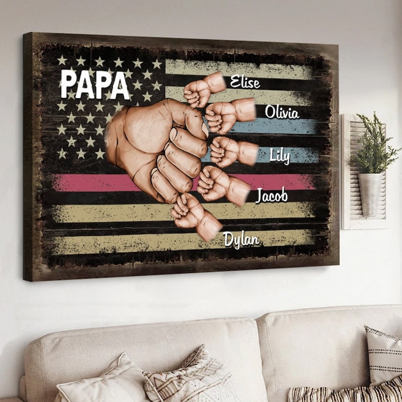 Personalized Papa Canvas House Decor, Papa Fist Bump Wall Art Canvas Family Wall Art