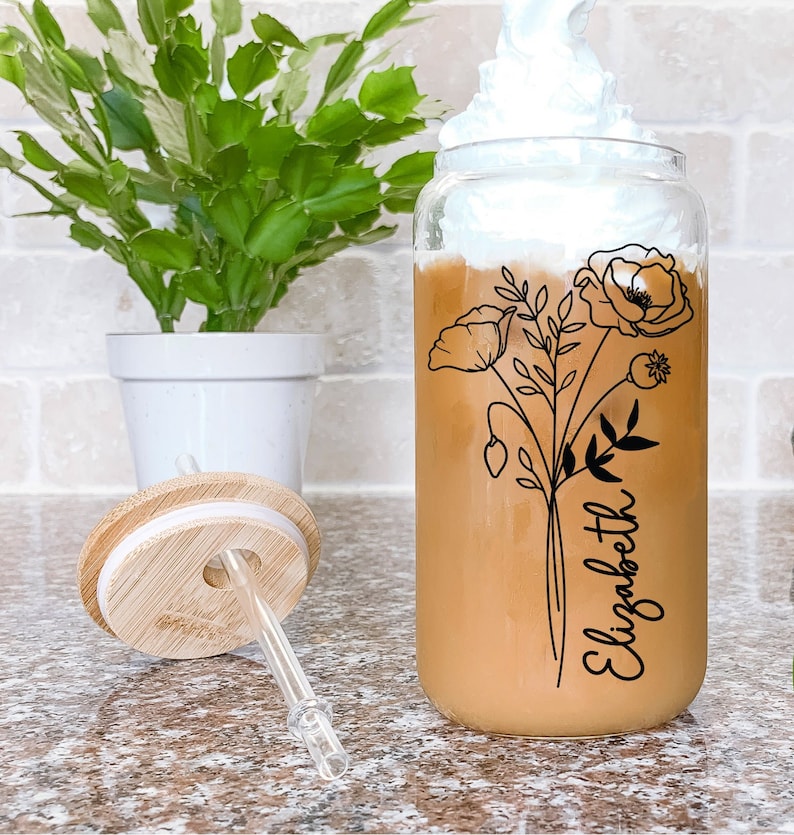 Personalized Birth Flower Coffee Cup With Name ,Personalized Birth Flower Tumbler, Bridesmaid Proposal, Gifts for Her, Party Favor.