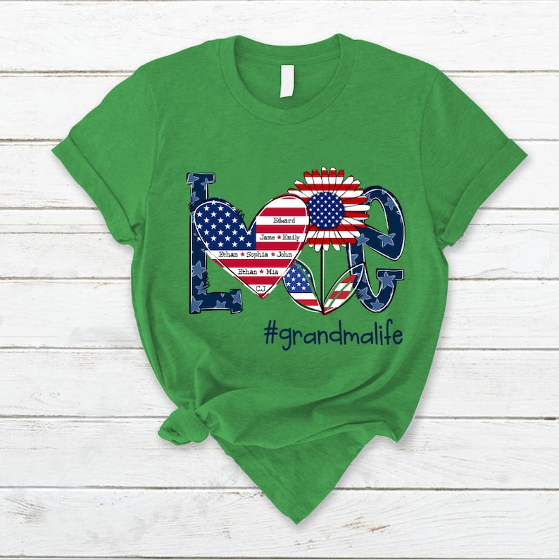 4th of July Love Grandma Life T Shirt, Custom Grandma Shirt with Kids names shirt, Patriotic 4th of July Tee Shirt for Independence Day