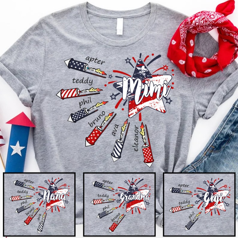 4th of July Mimi Fireworks T Shirt, Custom Grandma Shirt with Kids names shirt, Custom Patriotic 4th of July Tee Shirt for Independence Day