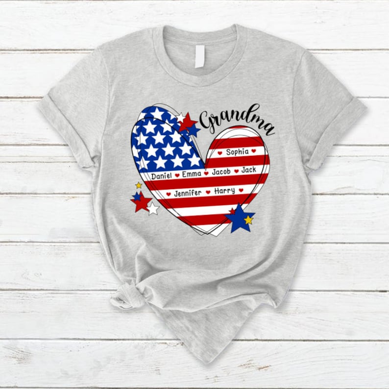 4th of July Grandma Heart T Shirt, Custom Grandma Shirt with Kids names shirt