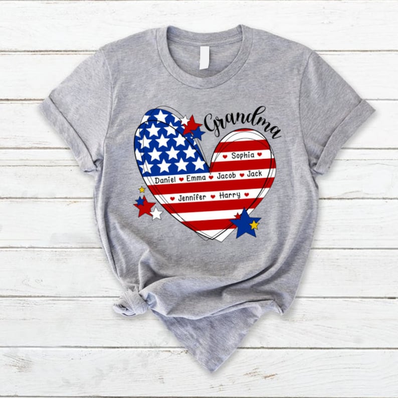 4th of July Grandma Heart T Shirt, Custom Grandma Shirt with Kids names shirt