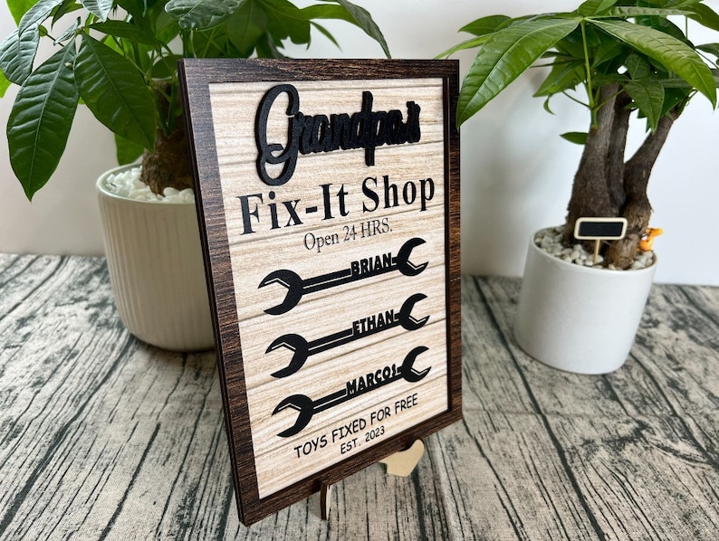 Custom Grandpa's Fix-It Shop Workshop with Kids Name Woden Sign