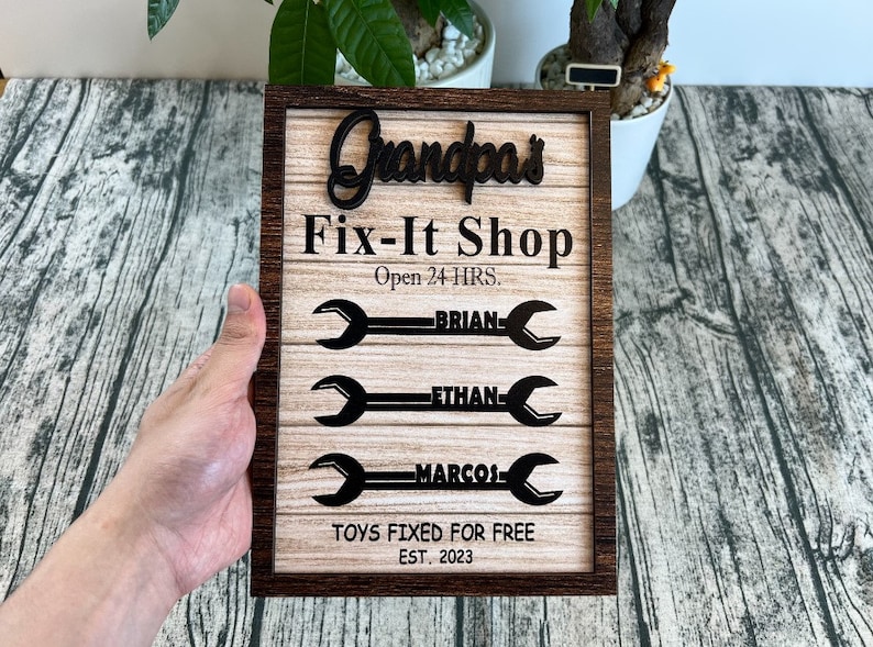 Custom Grandpa's Fix-It Shop Workshop with Kids Name Woden Sign