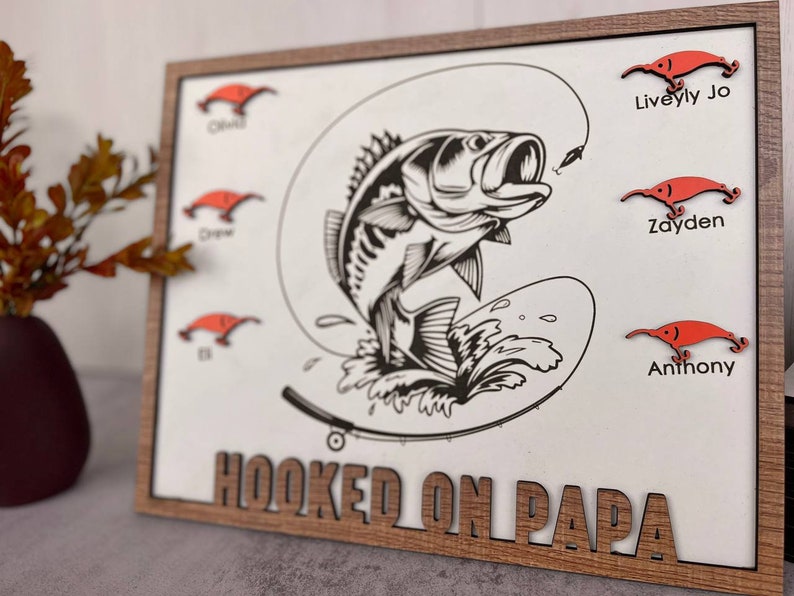 Hooked on Dad/Grandpa/papa engraved sign, gifts for papa, fishing sign, Personalized fishing christmas gifts for him, Retirement gift