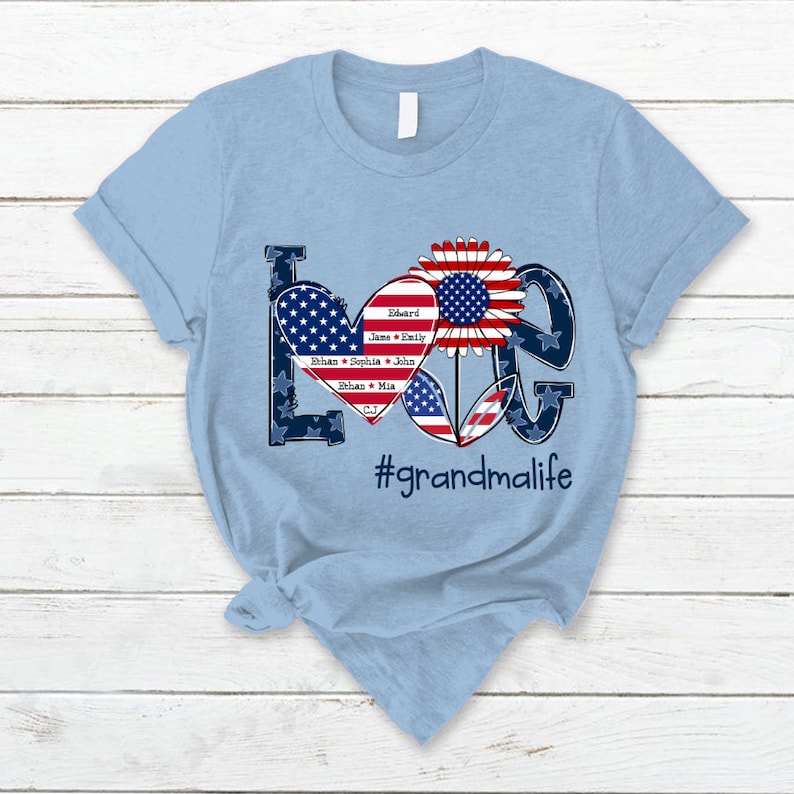 4th of July Love Grandma Life T Shirt, Custom Grandma Shirt with Kids names shirt, Patriotic 4th of July Tee Shirt for Independence Day