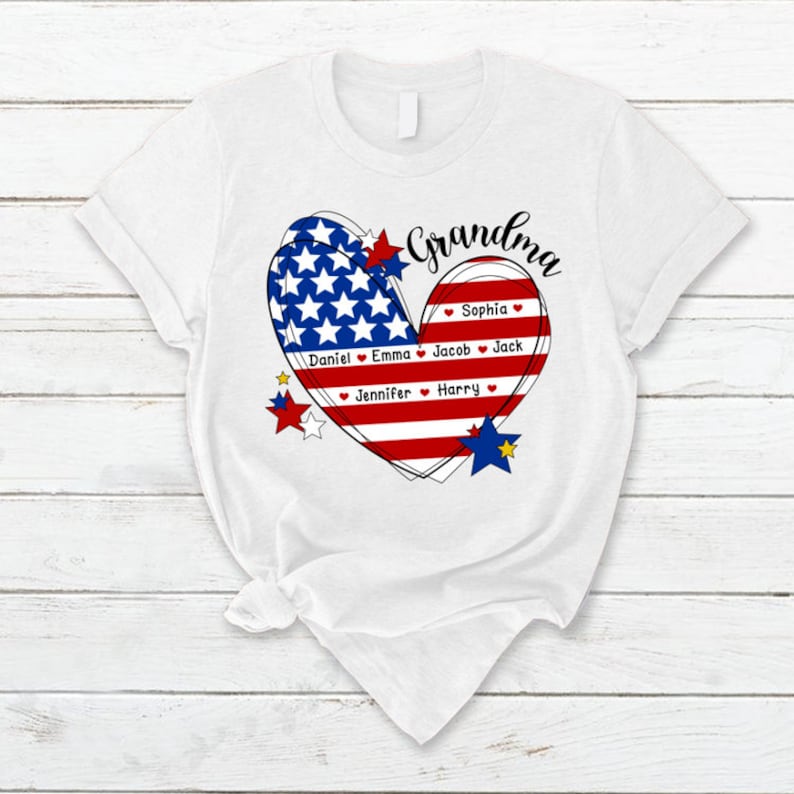 4th of July Grandma Heart T Shirt, Custom Grandma Shirt with Kids names shirt