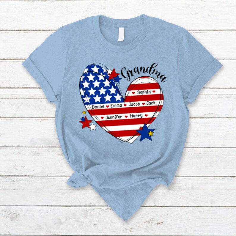 4th of July Grandma Heart T Shirt, Custom Grandma Shirt with Kids names shirt
