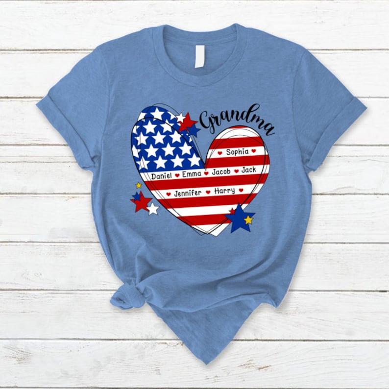 4th of July Grandma Heart T Shirt, Custom Grandma Shirt with Kids names shirt