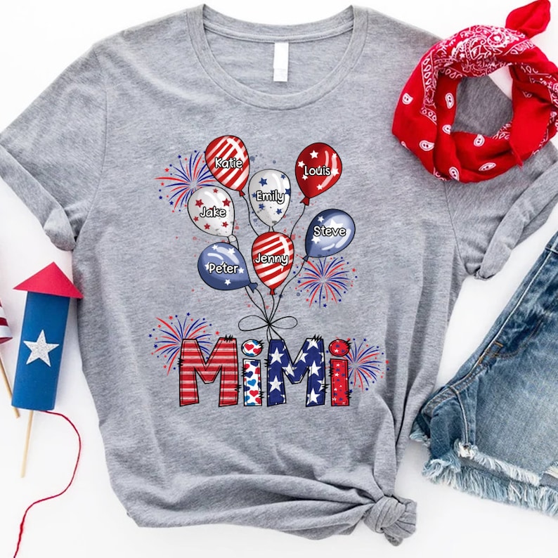 Personalized Nana with Grandkids Shirt, Custom Mimi And Balloon Kids 4th Of July, Custom Mimi and Kids Name, Gift For Grandma 4th Of July