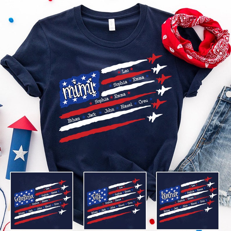 Custom 4th of July Air Force Grandma Shirt, Custom US Veteran Mimi USA Flag with Grandkids names