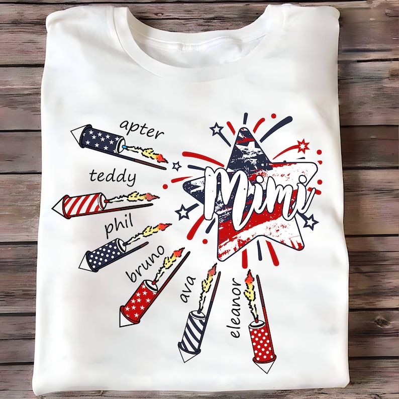 4th of July Mimi Fireworks T Shirt, Custom Grandma Shirt with Kids names shirt, Custom Patriotic 4th of July Tee Shirt for Independence Day