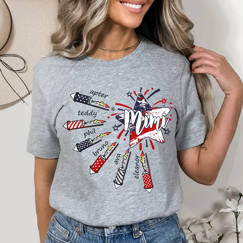 4th of July Mimi Fireworks T Shirt, Custom Grandma Shirt with Kids names shirt, Custom Patriotic 4th of July Tee Shirt for Independence Day