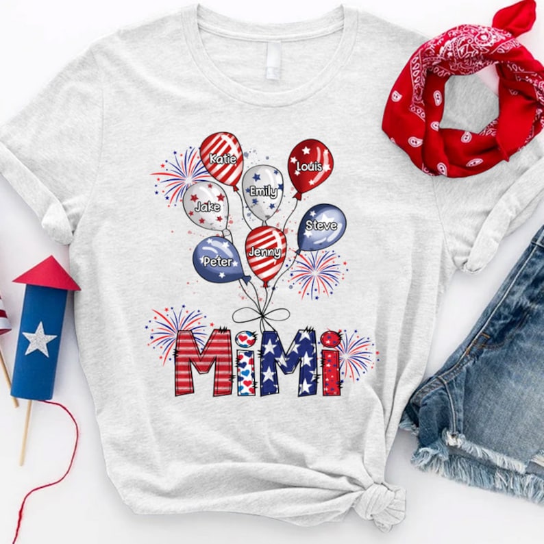 Personalized Nana with Grandkids Shirt, Custom Mimi And Balloon Kids 4th Of July, Custom Mimi and Kids Name, Gift For Grandma 4th Of July