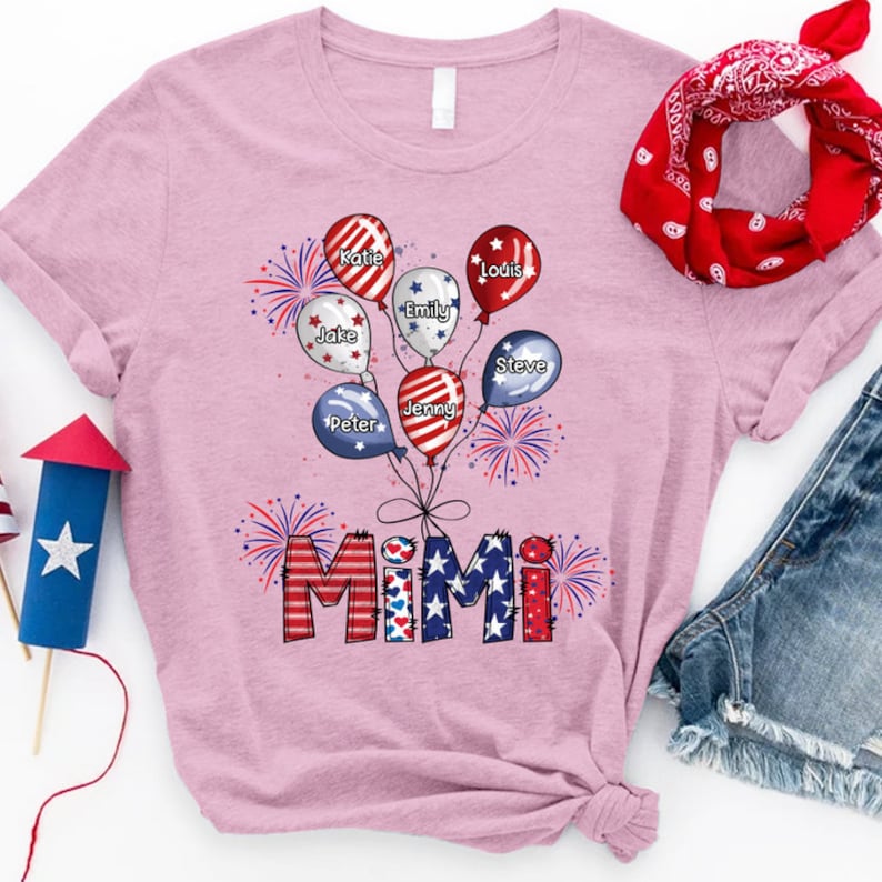 Personalized Nana with Grandkids Shirt, Custom Mimi And Balloon Kids 4th Of July, Custom Mimi and Kids Name, Gift For Grandma 4th Of July