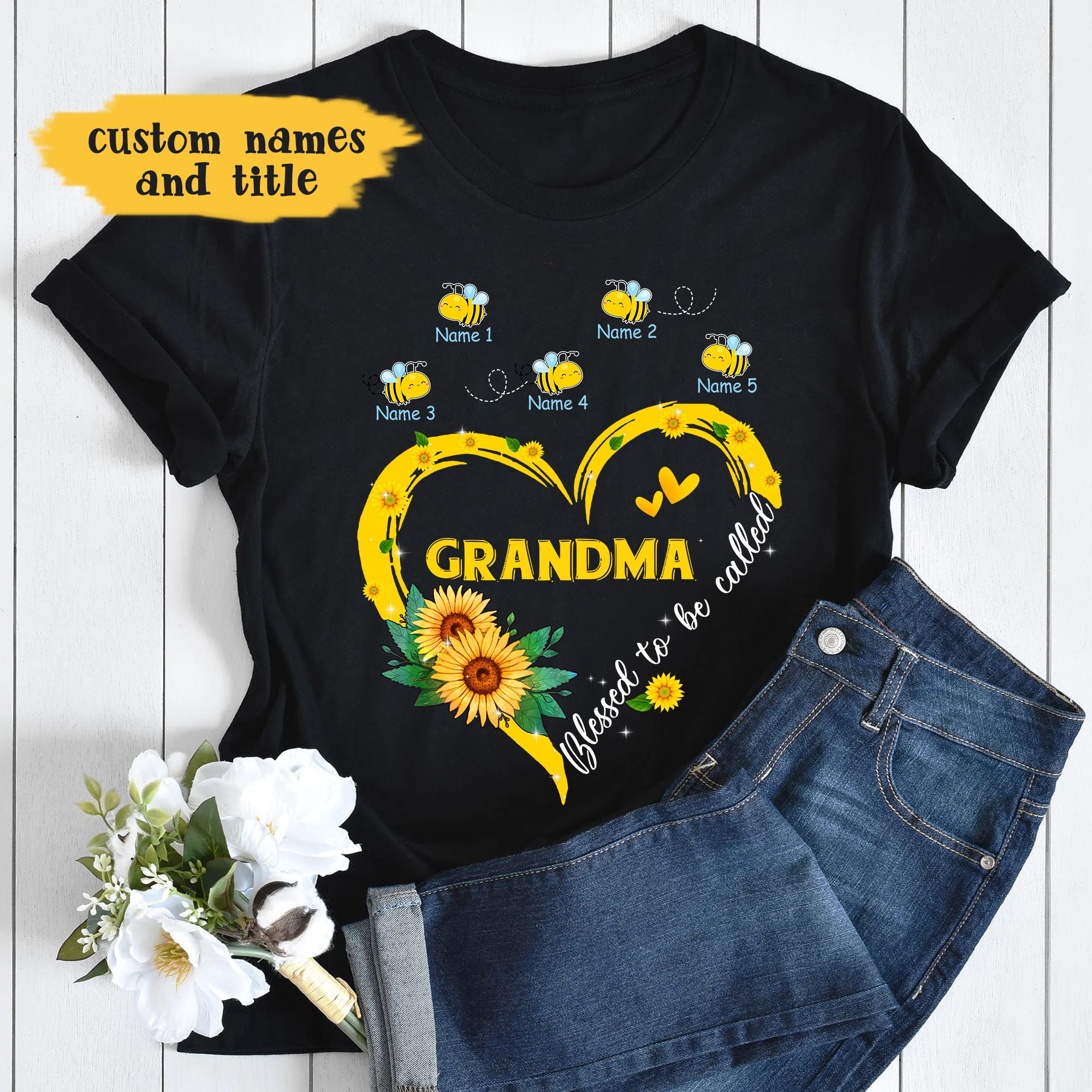 Personalized Grandma Bee Sunflowers T-shirt, Blessed To Be Called Grandma,