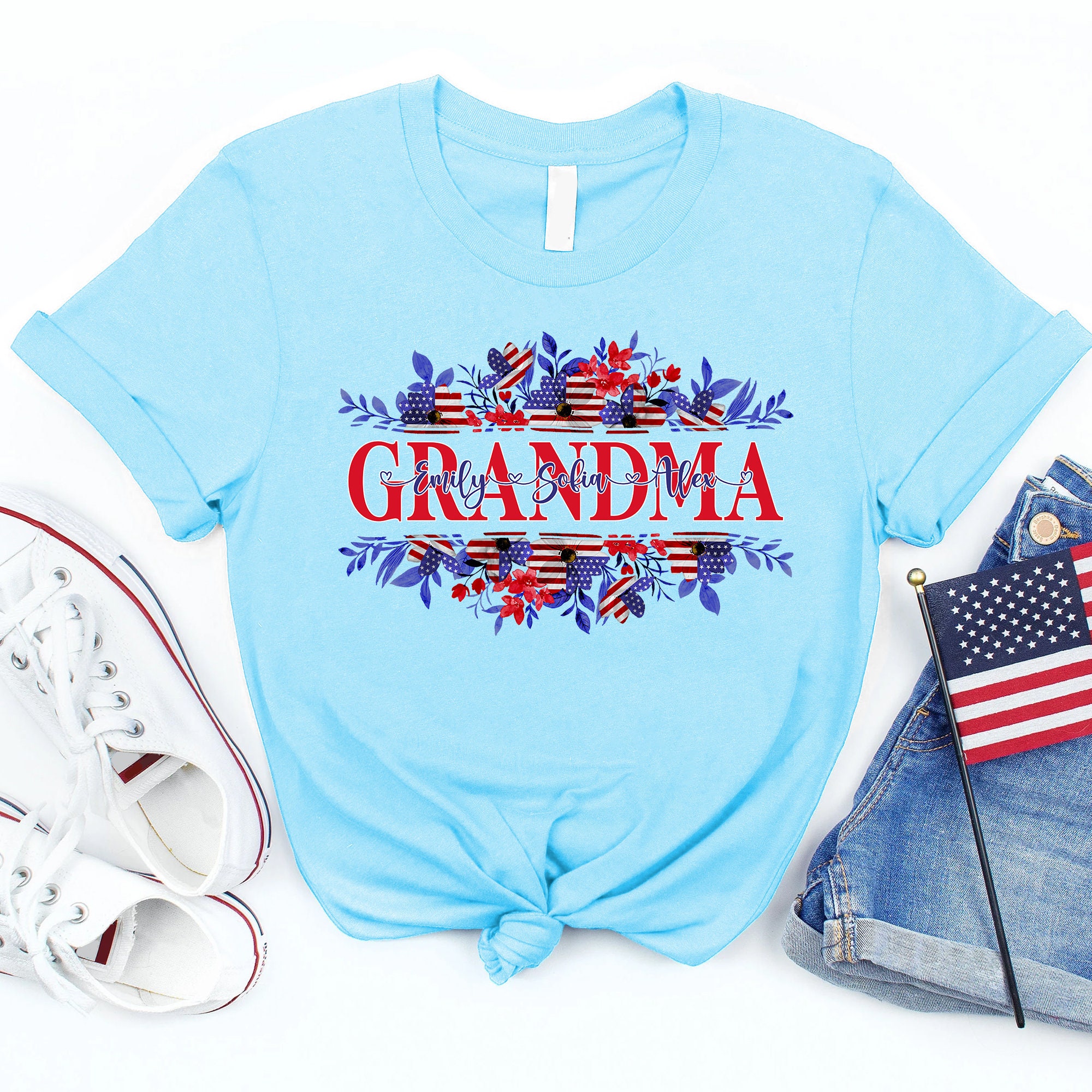 [Copy]Personalized Grandma's Blessings 4th of July Shirt, Patriotic Mama American Stars Grandkids Shirt