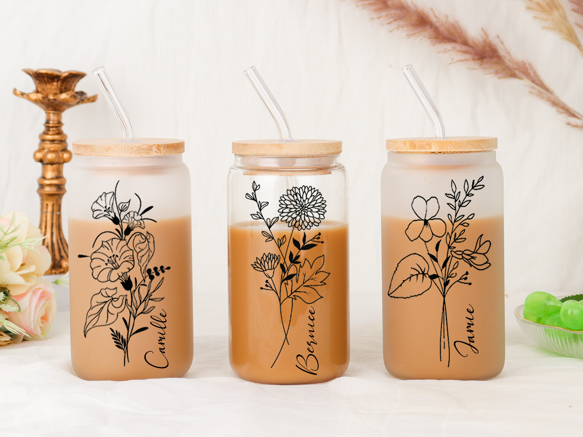 Personalized Birth Flower Coffee Cup With Name