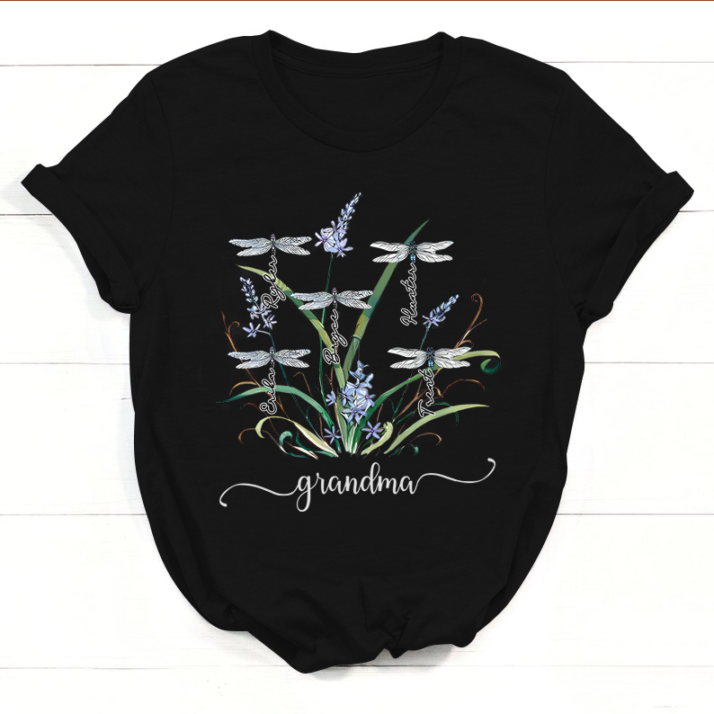 Personalized Nana Dragonfly Shirt, Personalized Grandma With Grandkids Names T-Shirt