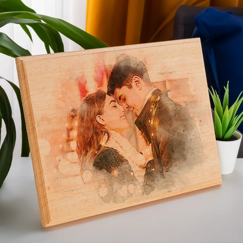 Custom Photo on Wood, Engraved Photo on Wood with Watercolor Style, Custom Wall Art, Personalized Portrait from Photo as Long Distance Gift.